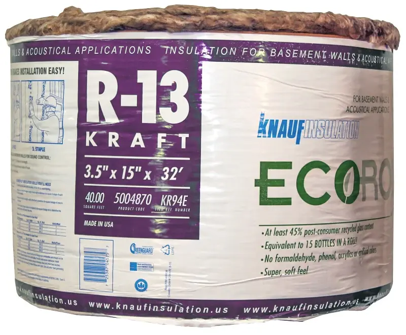 Knauf Insulation KR94E/TAK Kraft Faced Insulation, 32 ft L, 15 W, R13 R-Value, Grp