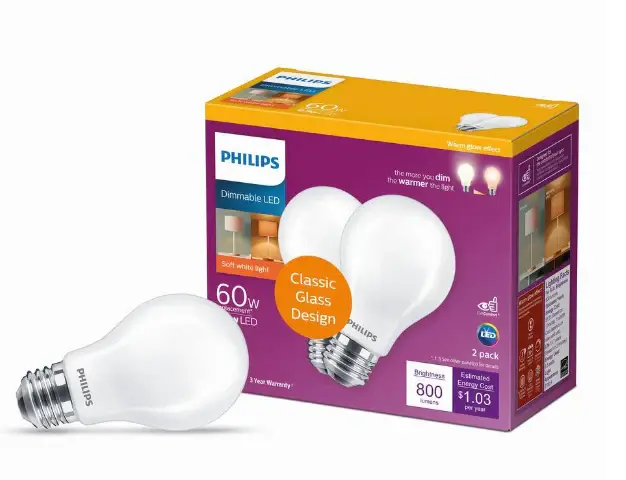 Philips 60 Watt Equivalent A19 Energy Saving LED Light Bulb Soft Ivory Warm Glow Dimming Effect 2700K 2 Pack Damaged Box