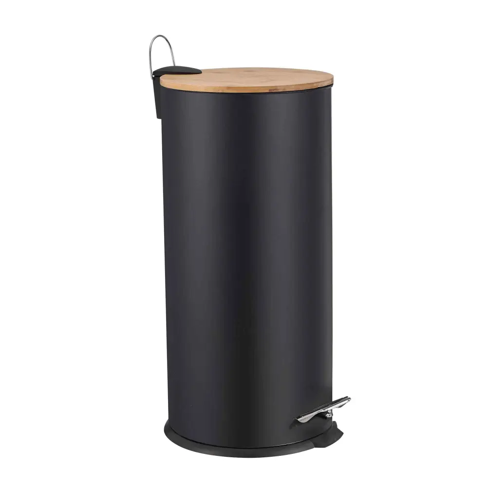 Round Charcoal Metal and Bamboo Step on Garbage Can, 20 L