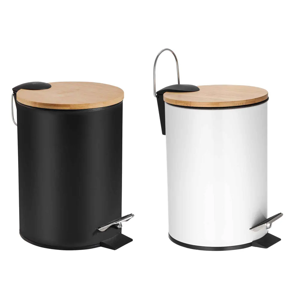 Round Metallic and Bamboo Step on Garbage Can, 3 L (Choice between 2 Colors) Lid Lock