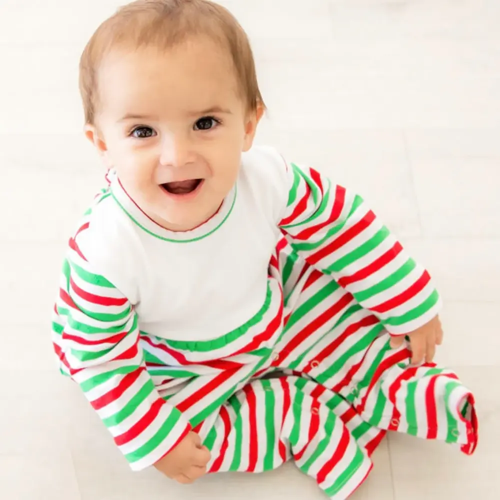 EMBROIDERED KNIT ROMPER & CAP PLACE CHRISTMAS STRIPE