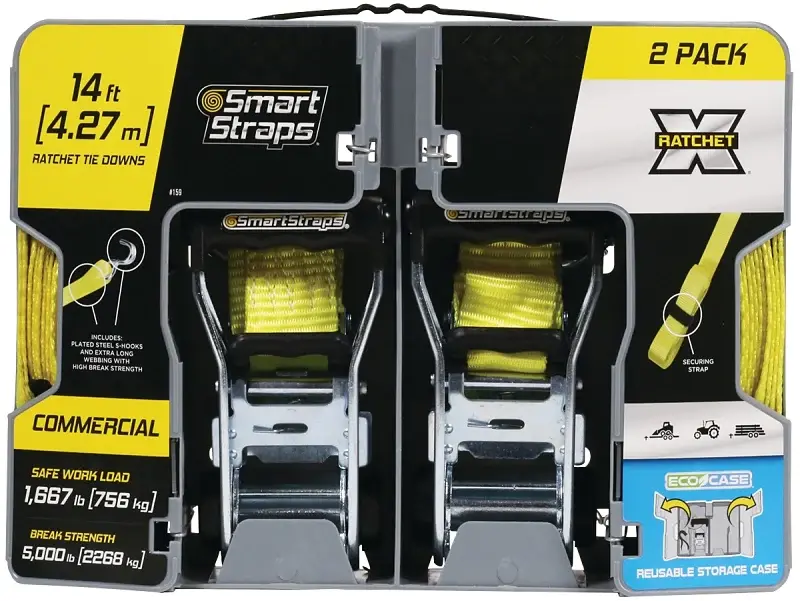 SmartStrap 159 Tie-Down, 1-1/2 W, 14 ft L, Polyester, Goldenrod, 1667 lb, Hook End Fitting, Steel End Fitting