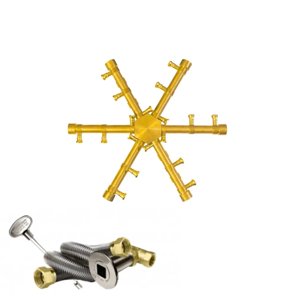 FireGear Pro Series Brass Round Burning Spur Burner - Fire Pit Burner Kit Core Valve & Gas Line