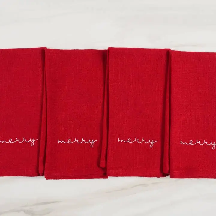 Holiday Red Embroidered Place 4 Napkins