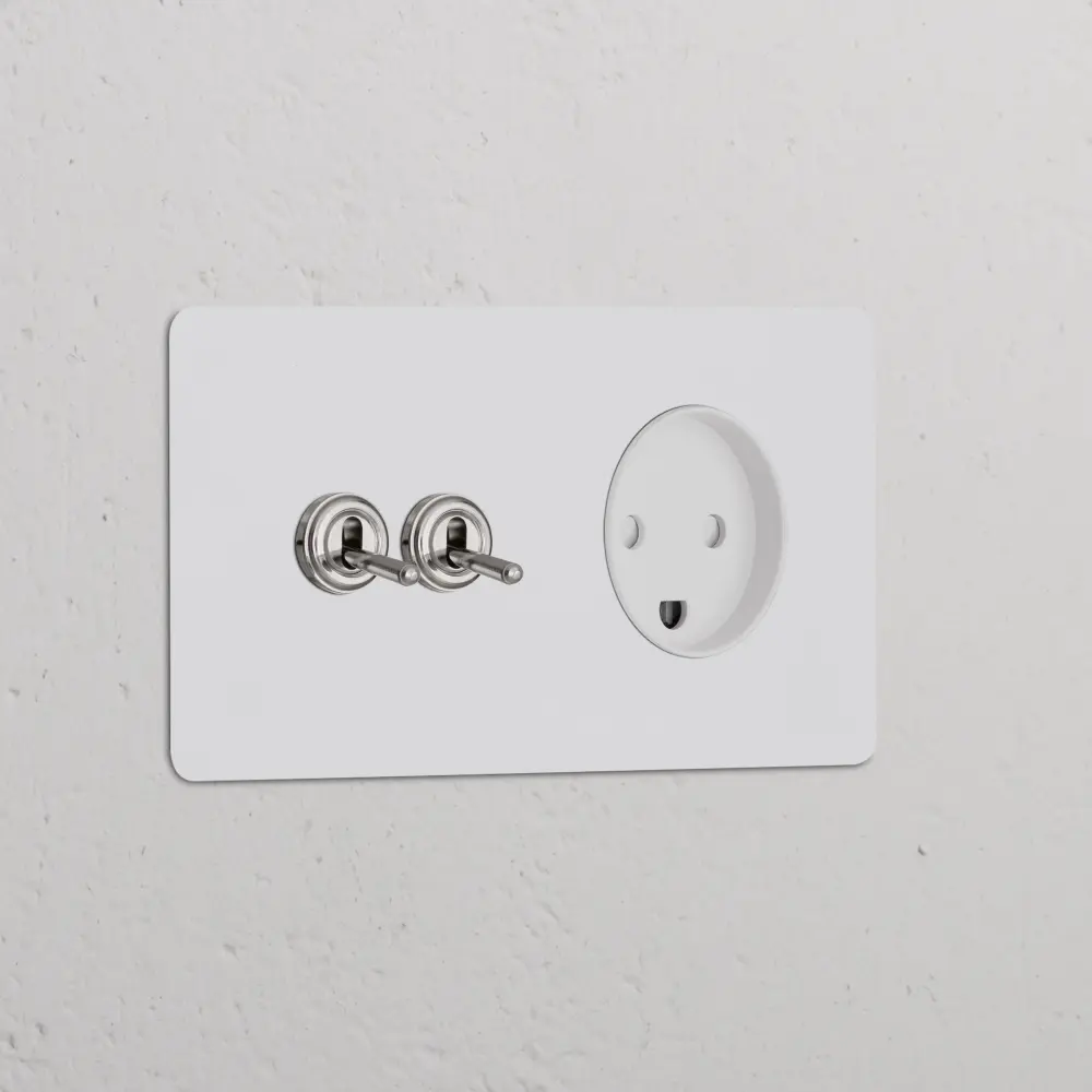Kew Dual 2x Toggle & Danish Type K Socket - Paintable Polished Nickel | White