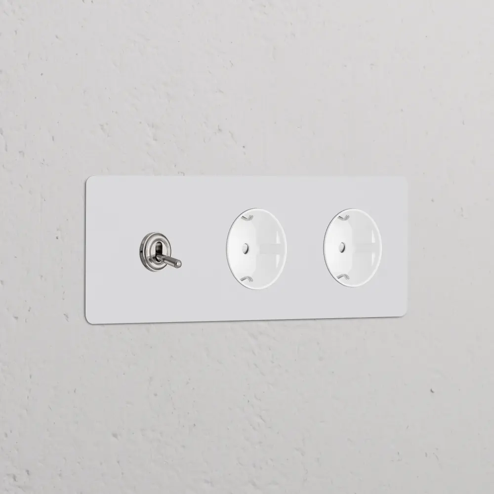 Kew Trinity Toggle & 2x Schuko Type F Socket - Paintable Polished Nickel | White