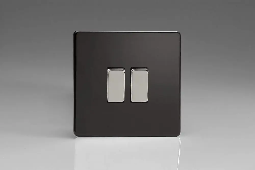 Varilight Flat Plate Screwless Jet Black 2-Gang 2 Way 10A Light Switch Polished Shiny metal Inserts XDL2S