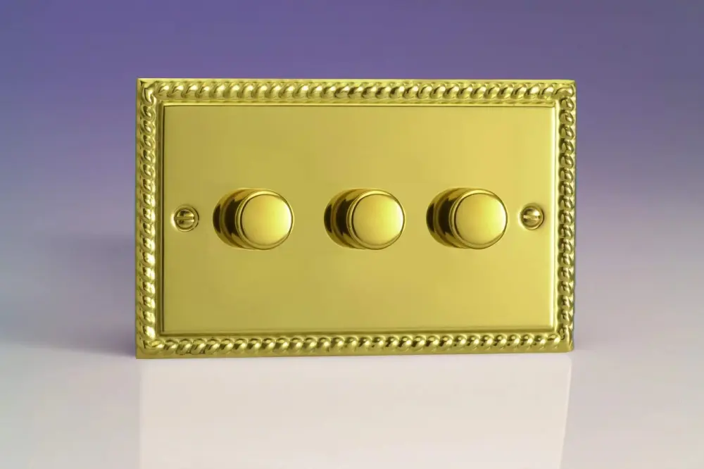 Varilight Iconic V-Pro Georgian Brass 3 Gang LED Trailing Edge Dimmer Switch 1 or 2 Way
