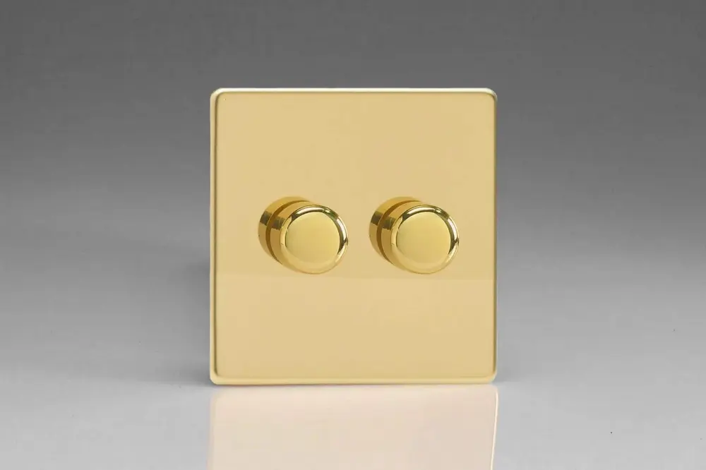 Varilight V-Pro Screwless Glossy Brass 2-Gang LED Trailing Edge Dimmer Switch 1 or 2 Way