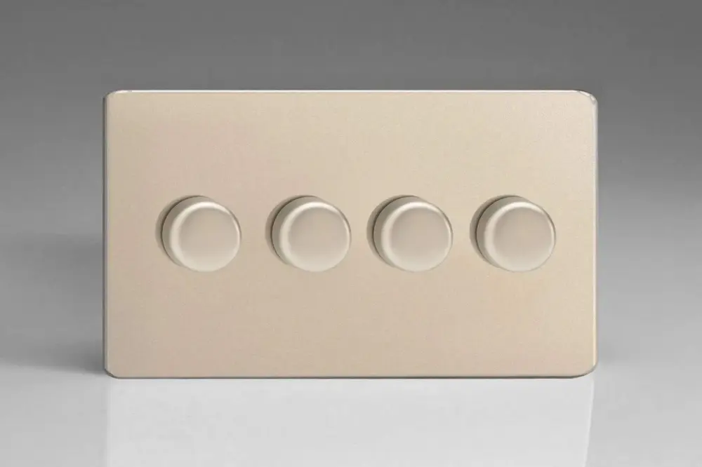 Varilight V-Pro Screwless Satin Shiny metal 4 Gang LED Trailing Edge Dimmer Switch 1 or 2 Way