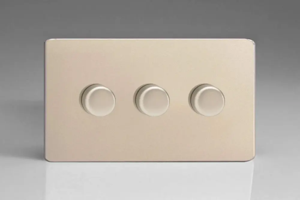 Varilight V-Pro Screwless Satin Shiny metal 3 Gang LED Trailiing Edge Dimmer Switch 1 or 2 Way