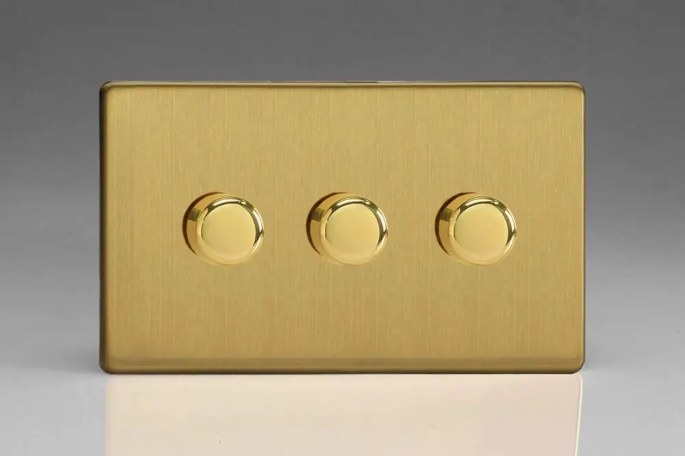 Varilight V-Pro Screwless Soft-touch Brass 3 Gang LED Trailing Edge Dimmer Switch 1 or 2 Way