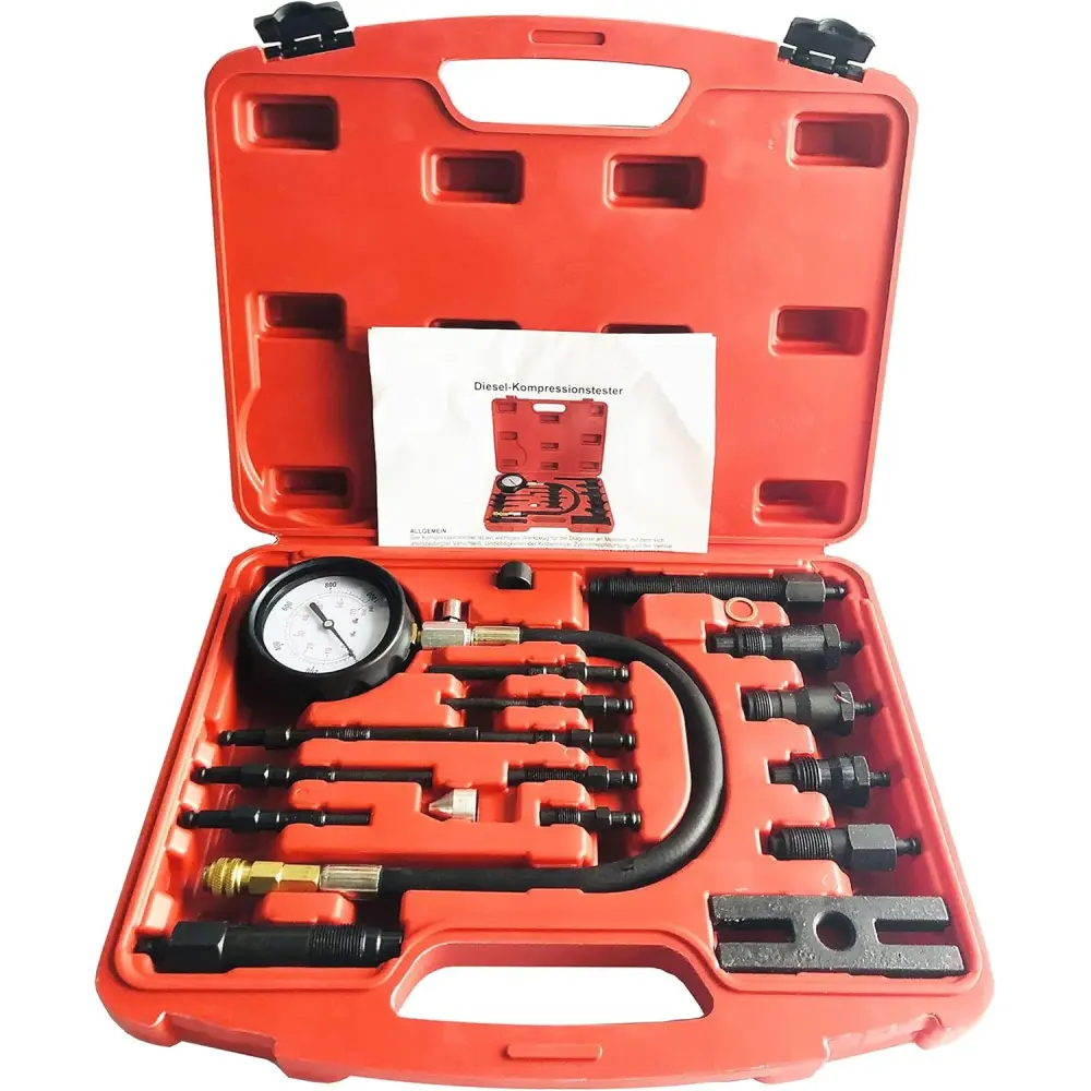 16 Pieces Professional Diesel Engine Cylinder Compression Tester Tool Kit TU-15B Full Range Detection Pressure Gauge Place...