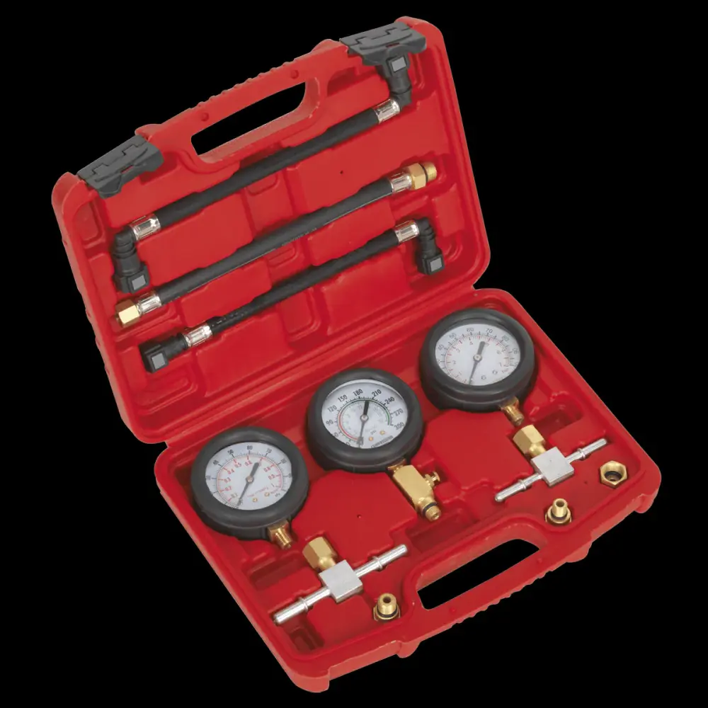 Sealey MS100 Motorcycle Compression & Fuel Pressure Gauge Adjust 3pc Most Engine Models