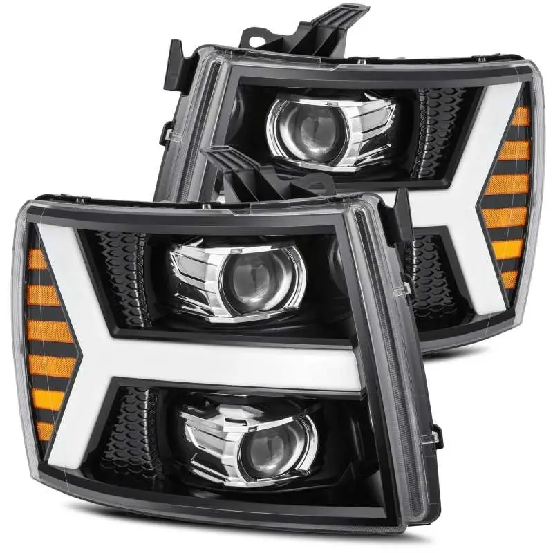 AlphaRex 07 13 Chevy 1500 LUXX LED Proj Headlights Plank Style Jet Blk w Activ Light Seq Signal DRL