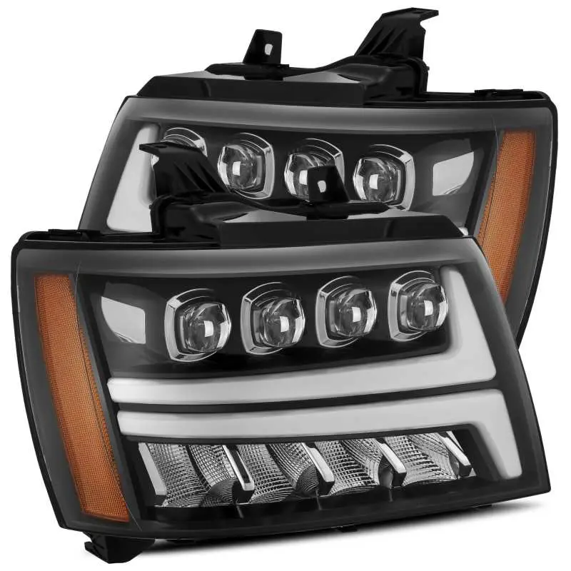 AlphaRex 07 13 Chevy Avalanche NOVA LED Proj Headlights Plank Style Gloss Black w Activ Light DRL