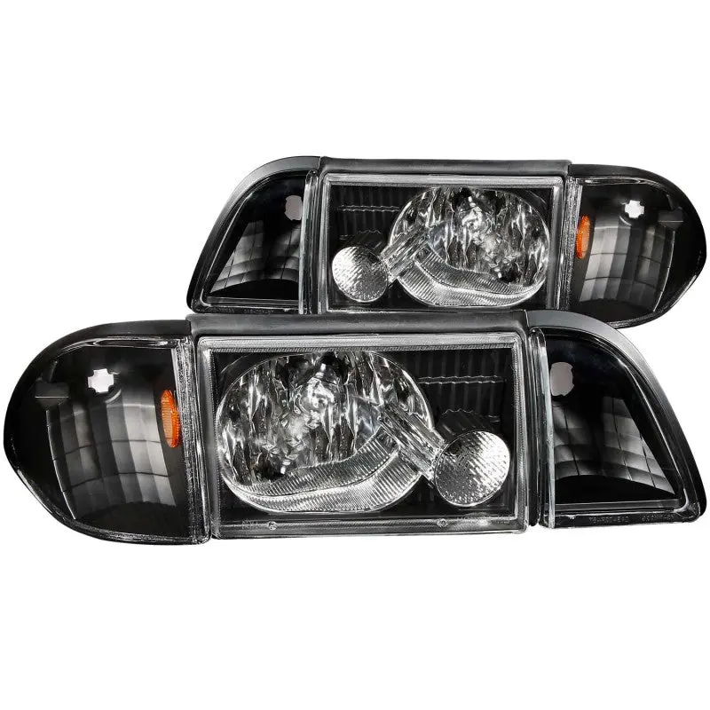 ANZO 1987 1993 Ford Mustang Crystal Headlights Black w Corner Lights 3pc