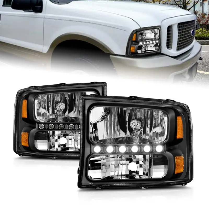 ANZO 2000 2004 Ford Excursion Crystal Headlights Black w LED 1pc