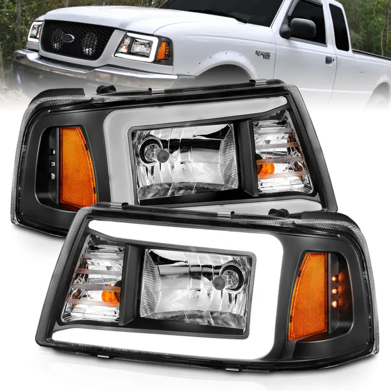 ANZO 2001 2011 Ford Ranger Crystal Headlights w Light Bar Black Housing