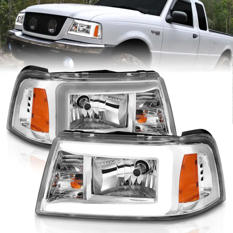ANZO 2001 2011 Ford Ranger Crystal Headlights w Light Bar Chrome Housing