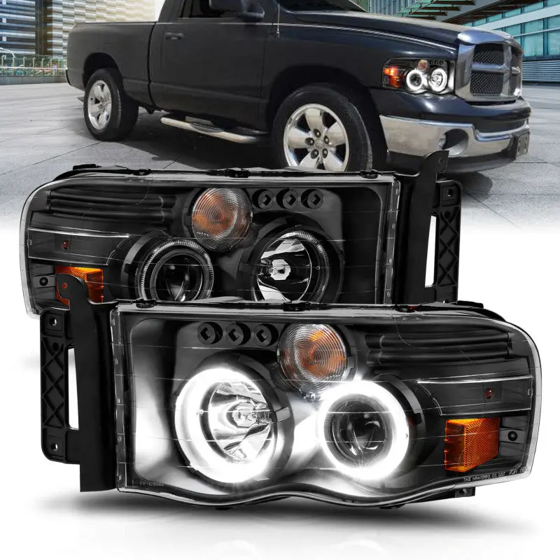 ANZO 2002 2005 Dodge Ram 1500 Projector Headlights w Halo Black Clear Amber