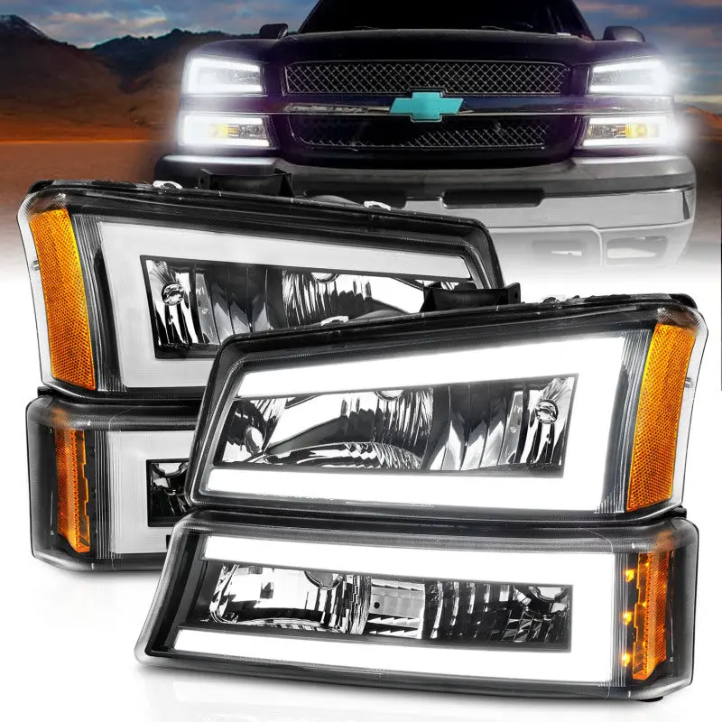 ANZO 2003 2006 Chevrolet Silverado 1500 Crystal Headlights w Light Bar Black Housing