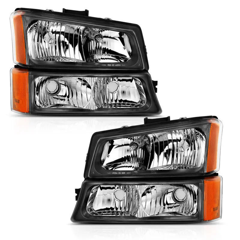 ANZO 2003 2006 Chevy Silverado Crystal Headlight w Signal Light Black Amber (4 pcs)
