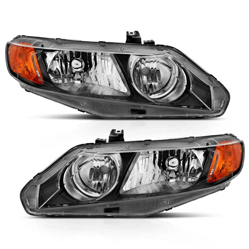 ANZO 2006 2011 Honda Civic 4 Door Crystal Headlight Black Amber (OE Replacement)