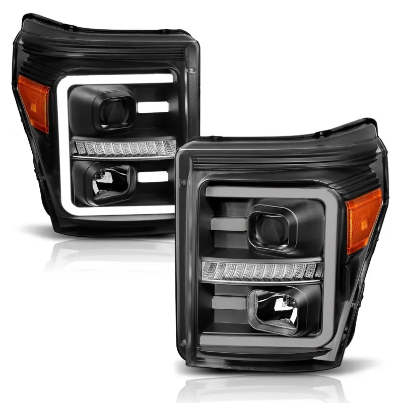 ANZO 2011 2016 Ford F250 Projector Headlights w Plank Style Switchback Black w Amber