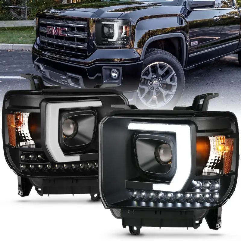 ANZO 2014 2015 Gmc Sierra 1500HD Projector Plank Style Headlight Black W Drl