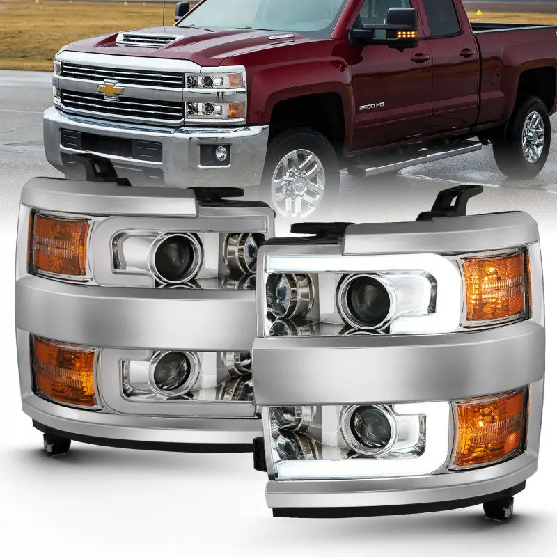 ANZO 2015 2016 Chevrolet Silverado Projector Headlights w Plank Style Design Chrome w Amber