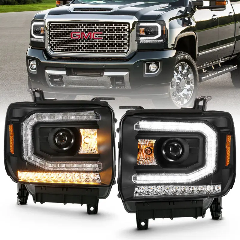 ANZO 2016 2019 Gmc Sierra 1500 Projector Headlight Plank Style Black w Sequential Amber Signal