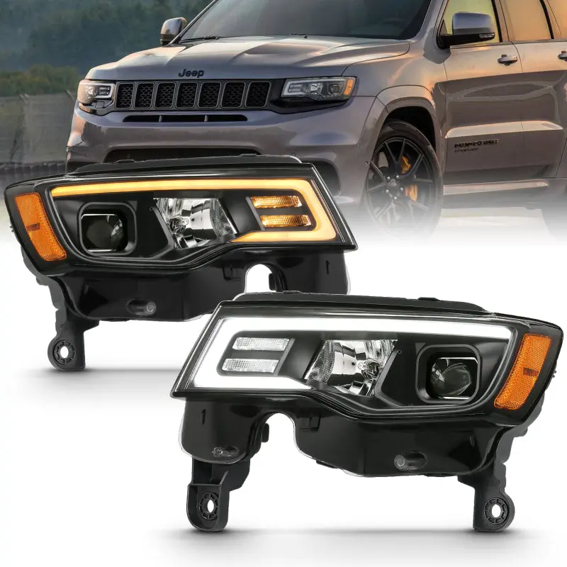 ANZO 2017 2018 Jeep Grand Cherokee Projector Headlights w Plank Style Switchback Black w Amber