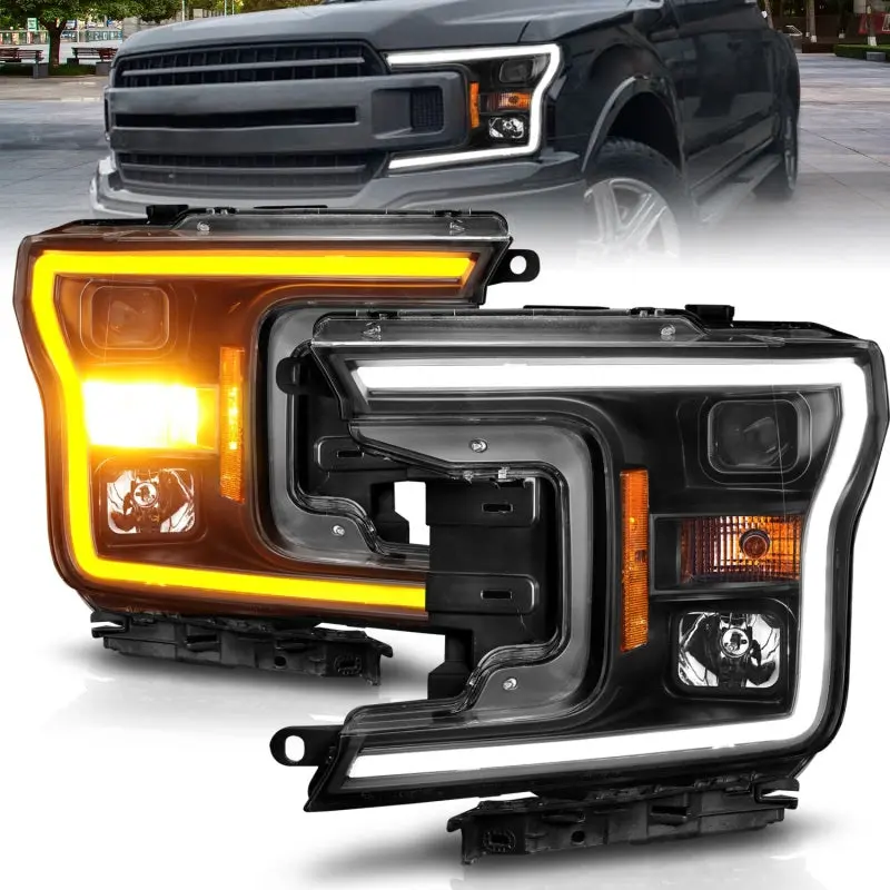 ANZO 2018 2020 Ford F 150 Projector Headlight w Plank Style Switchback Black Housing