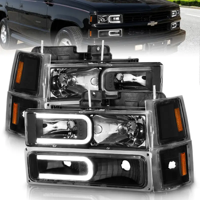 ANZO 88 98 Chevrolet C1500 Crystal Headlights w Light Bar Black Housing w Signal Side Markers 8Pcs