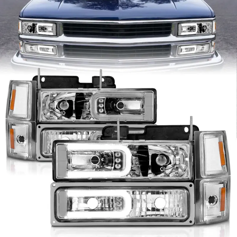 ANZO 88 98 Chevrolet C1500 Crystal Headlights w Light Bar Chrome Housing w Signal Side Markers 8Pcs