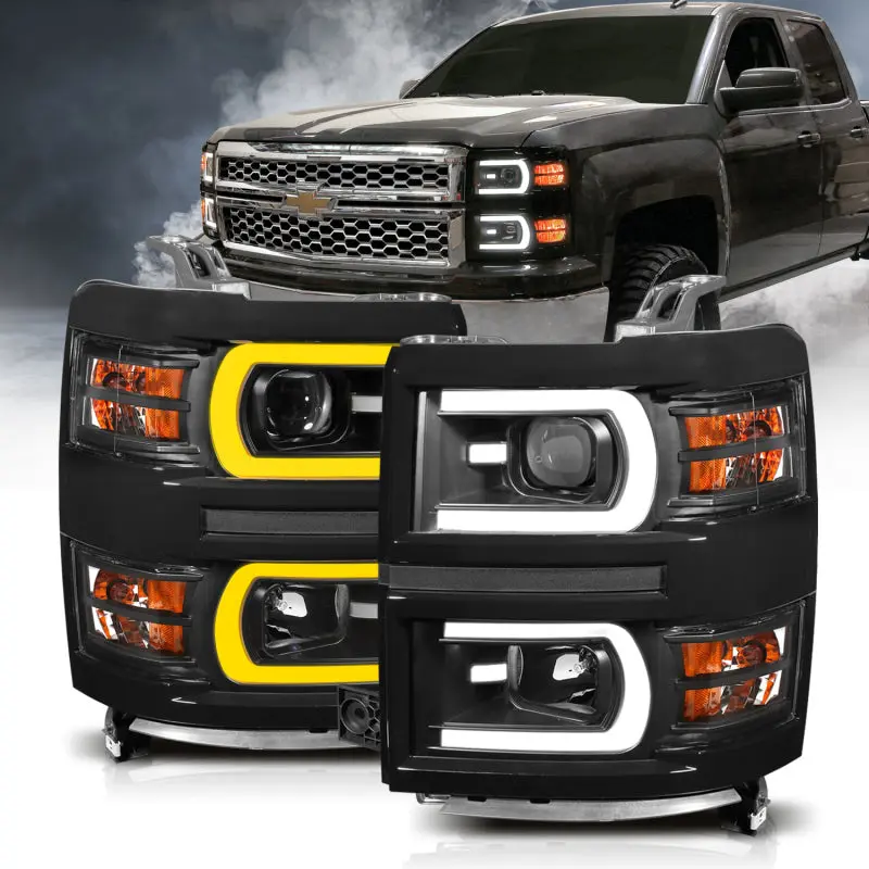 ANZO 14 15 Chevrolet Silverado 1500 Projector Headlights w Plank Style Switchback Black w Amber