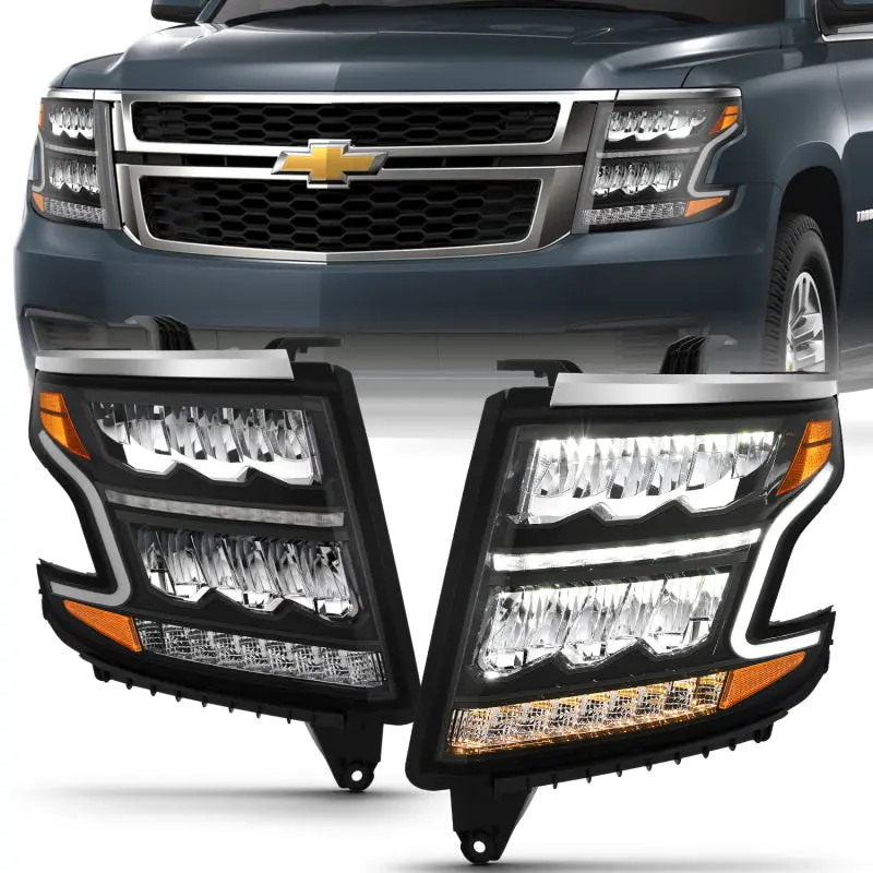 ANZO 15 20 Chevy Tahoe Suburban LED Light Bar Style Headlights Black w Sequential w DRL w Amber