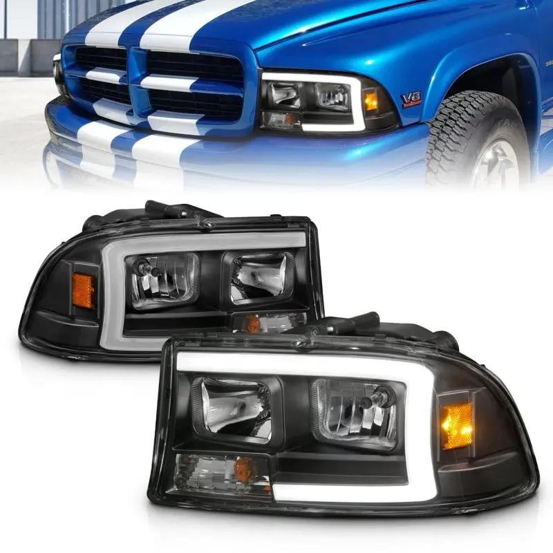 ANZO 97 04 Dodge Dakota Durango Crystal headlight Set w Light Bar Black Housing