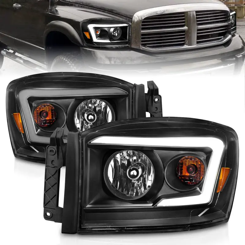 Anzo 06 09 Dodge RAM 1500 2500 3500 Headlights Black Housing Clear Lens (w Light Bars)