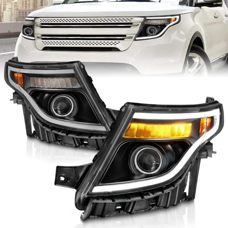 ANZO 11 15 Ford Explorer (w Factory Halogen HL Only) Projector Headlights w Light Bar Black Housing