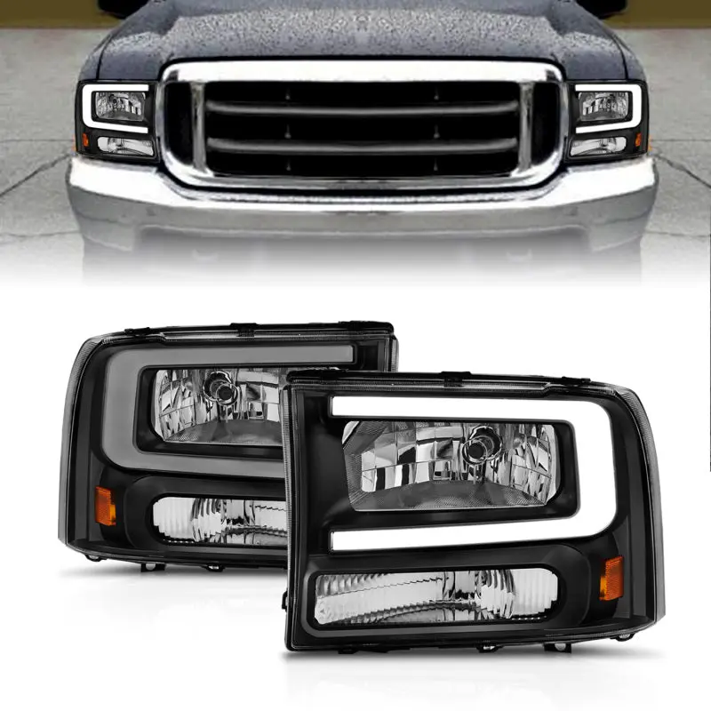 ANZO 99 04 Ford F250 F350 F450 Excursion (excl. 99) Crystal Headlights w Light Bar Black Housing