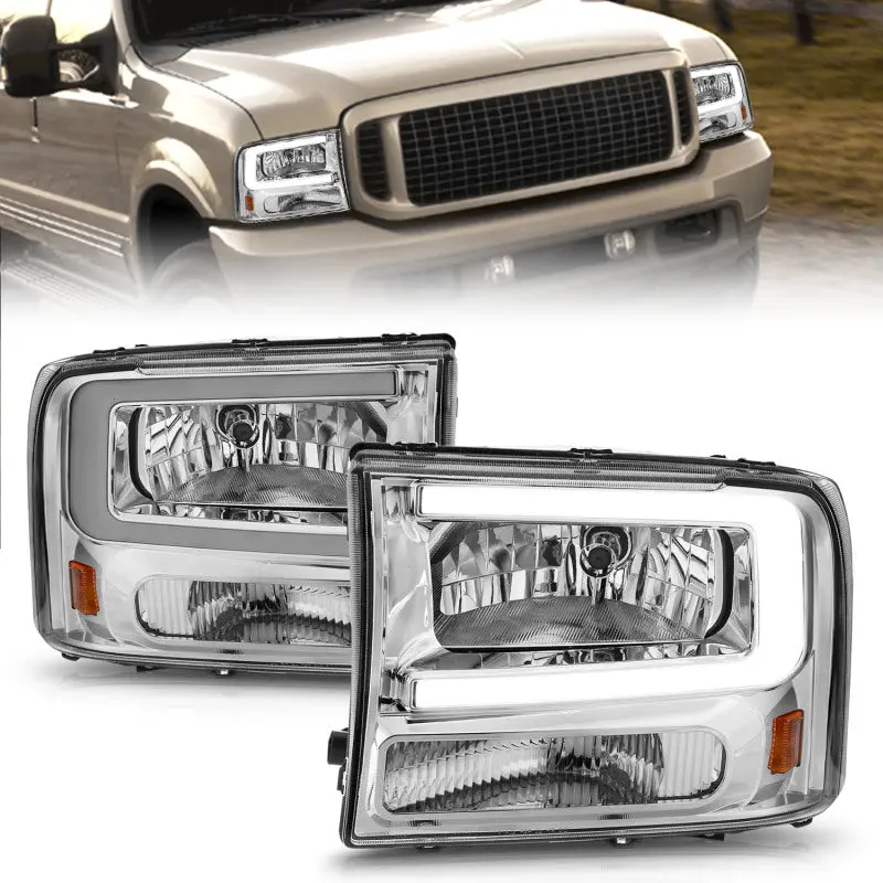 ANZO 99 04 Ford F250 F350 F450 Excursion (excl. 99) Crystal Headlights w Light Bar Chrome Housing