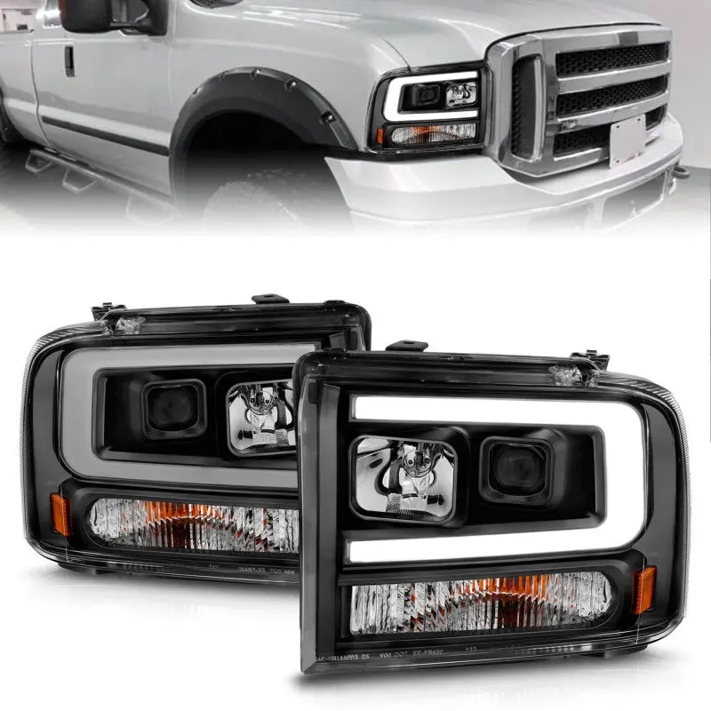 ANZO 99 04 Ford F250 F350 F450 Excursion (excl 99) Projector Headlights w Light Bar Black Housing