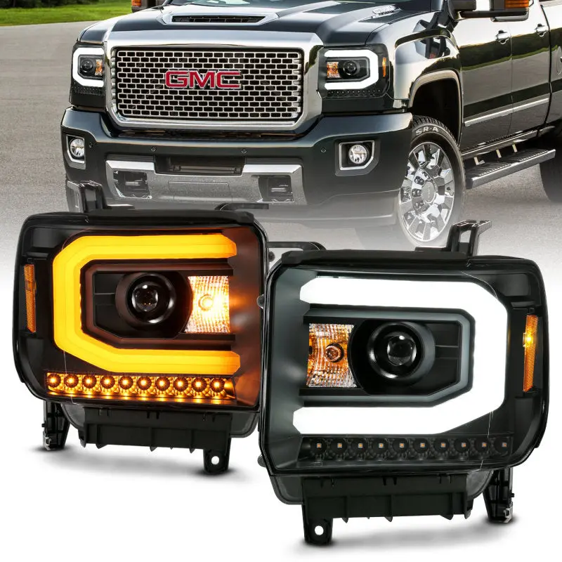 ANZO GMC SIERRA 1500 14 15 2500H 15 19 Projector Headlight Plank Style Black w Switchback (Halogen)