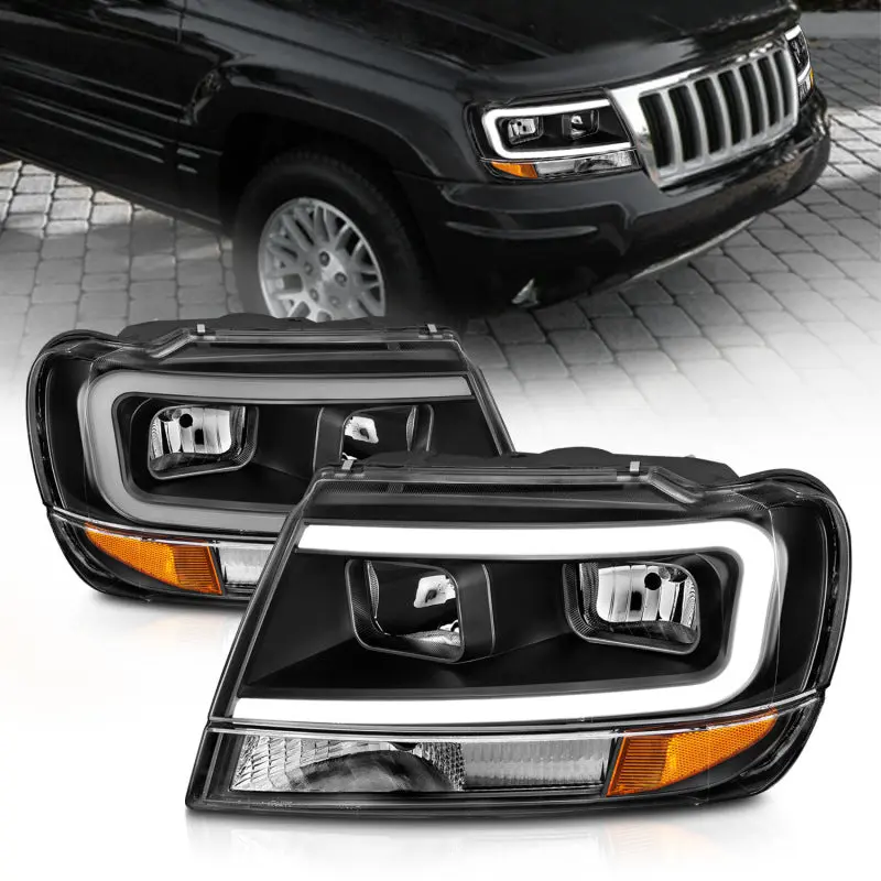 ANZO 99 04 Jeep Grand Cherokee Crystal Headlights w Light Bar Black Housing