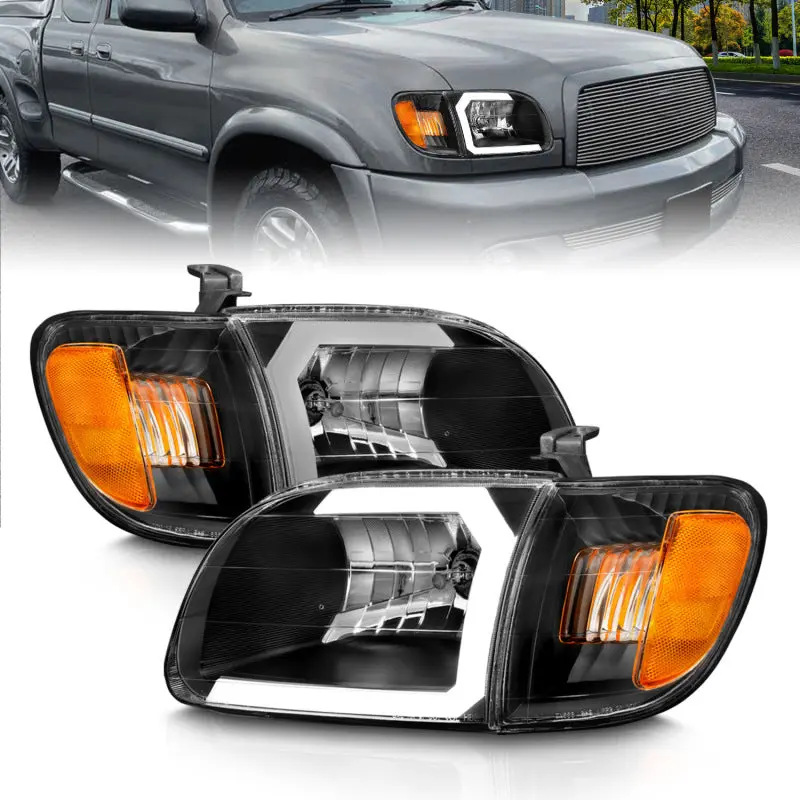 ANZO 00 04 Toyota Tundra (Fits Reg Acc Cab Only) Crystal Headlights w Light Bar Black w Corner Light