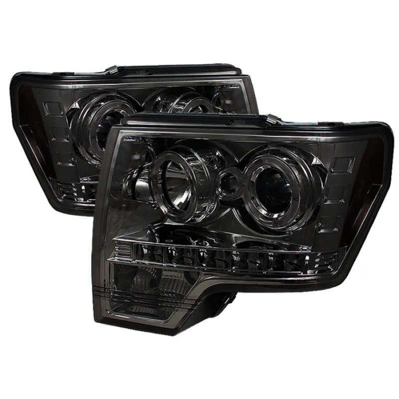 Spyder Ford F150 09 14 Projector Headlights Halogen Model LED Halo LED Smke PRO YD FF15009 HL SM