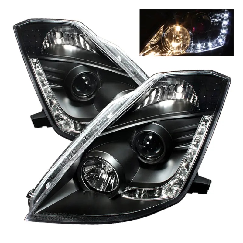 Spyder Nissan 350Z 03 05 Projector Headlights Halogen Model Only DRL Black PRO YD N350Z02 DRL BK