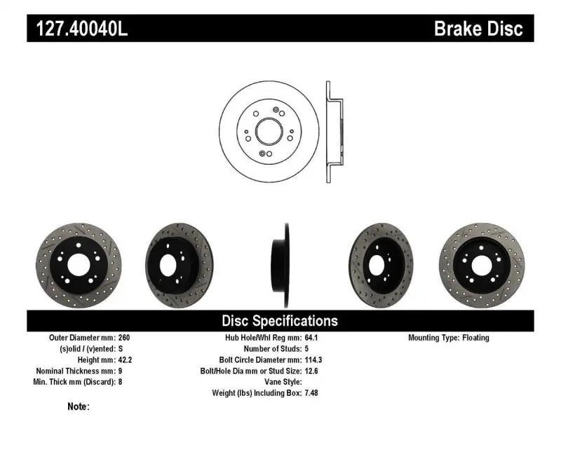 StopTech 06 09 Honda Civic Ex Si Slotted & Drilled Left Rear Rotor